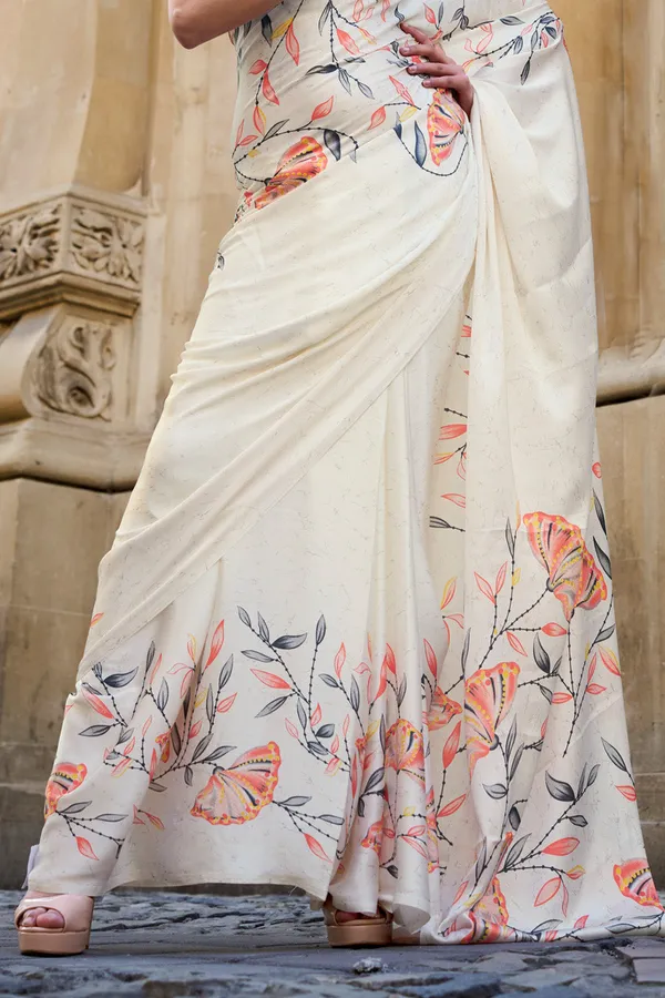 Cream_Premium_Satin_Silk_With_Blouse_Piece_For_Women_&_Girls