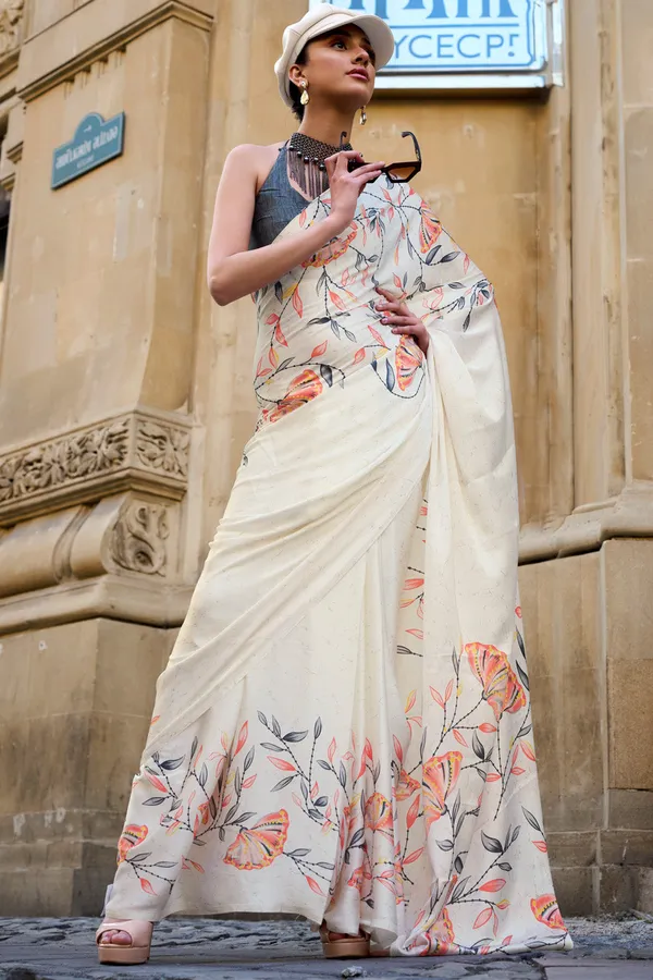 Cream_Premium_Satin_Silk_With_Blouse_Piece_For_Women_&_Girls