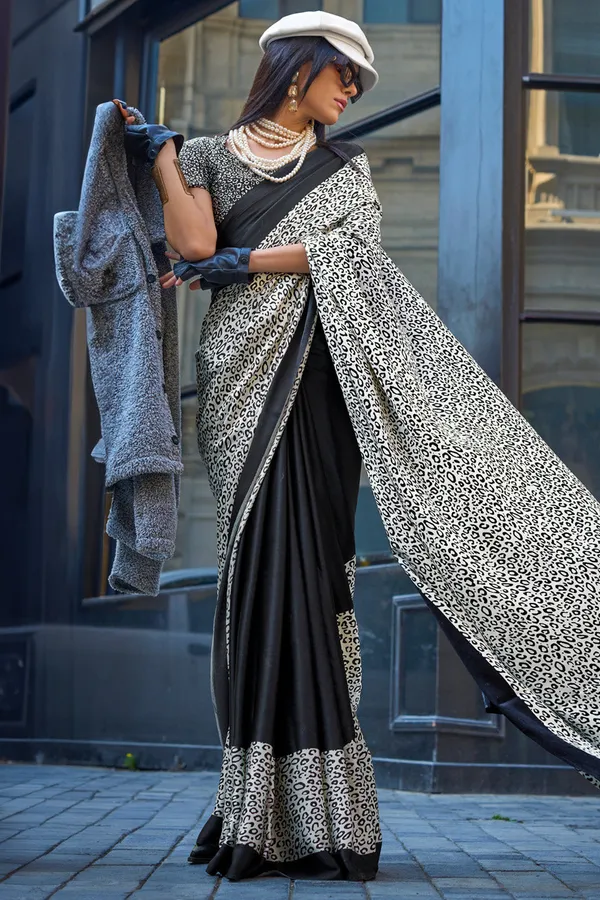 Black_&_White_Premium_Satin_Silk_With_Blouse_Piece_For_Women_&_Girls