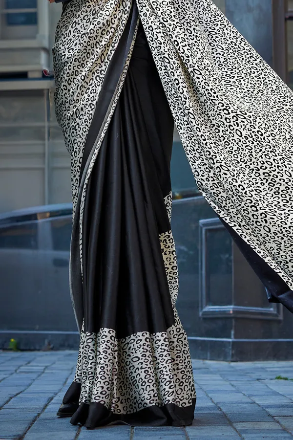 Black_&_White_Premium_Satin_Silk_With_Blouse_Piece_For_Women_&_Girls