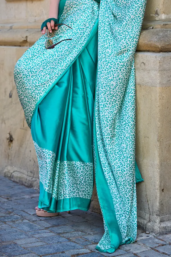 Teal_Premium_Satin_Silk_With_Blouse_Piece_For_Women_&_Girls