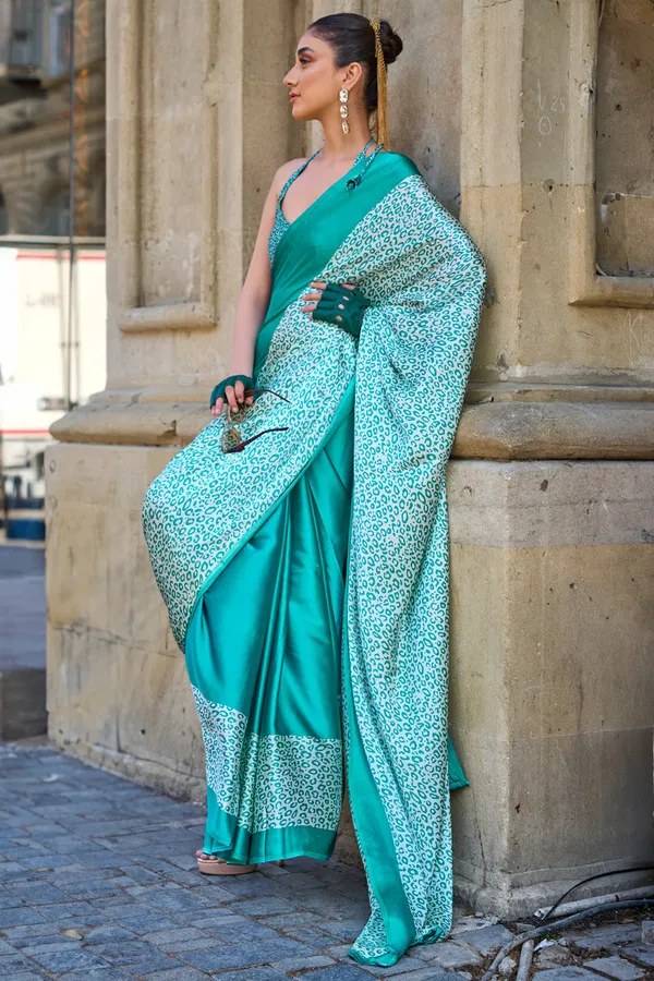Teal_Premium_Satin_Silk_With_Blouse_Piece_For_Women_&_Girls