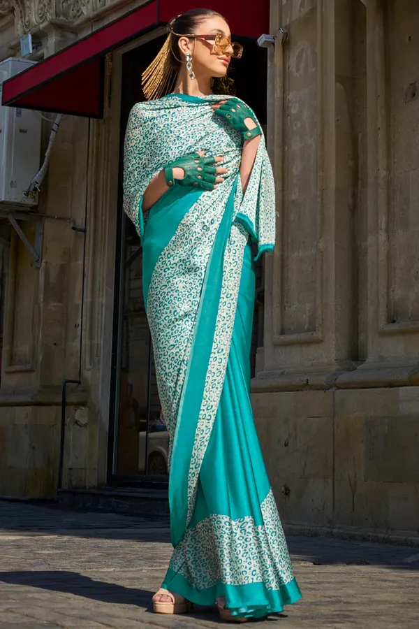Teal_Premium_Satin_Silk_With_Blouse_Piece_For_Women_&_Girls