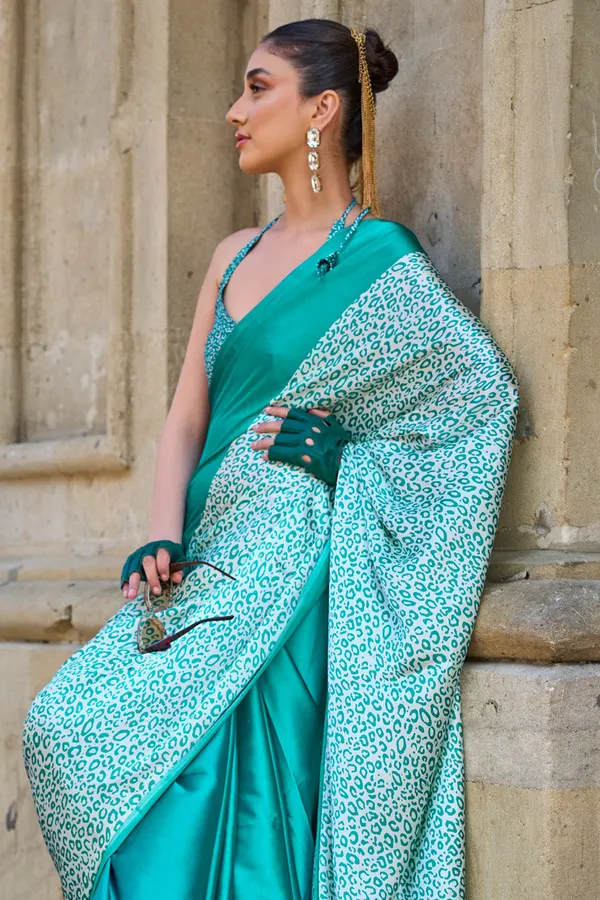 Teal_Premium_Satin_Silk_With_Blouse_Piece_For_Women_&_Girls