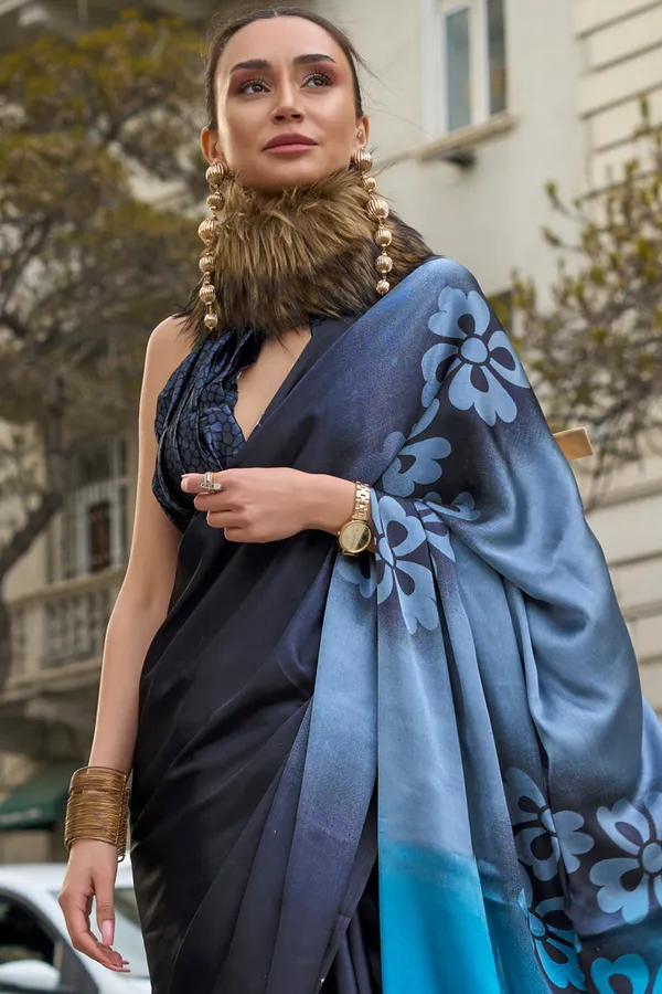 Black_&_Blue_Premium_Satin_Silk_With_Blouse_Piece_For_Women_&_Girls