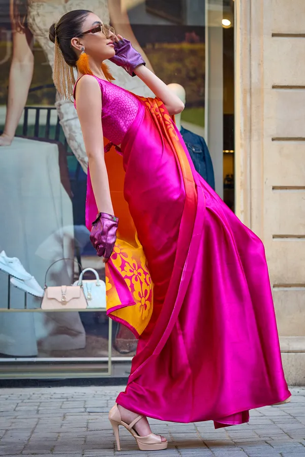 Pink_Premium_Satin_Silk_With_Blouse_Piece_For_Women_&_Girls