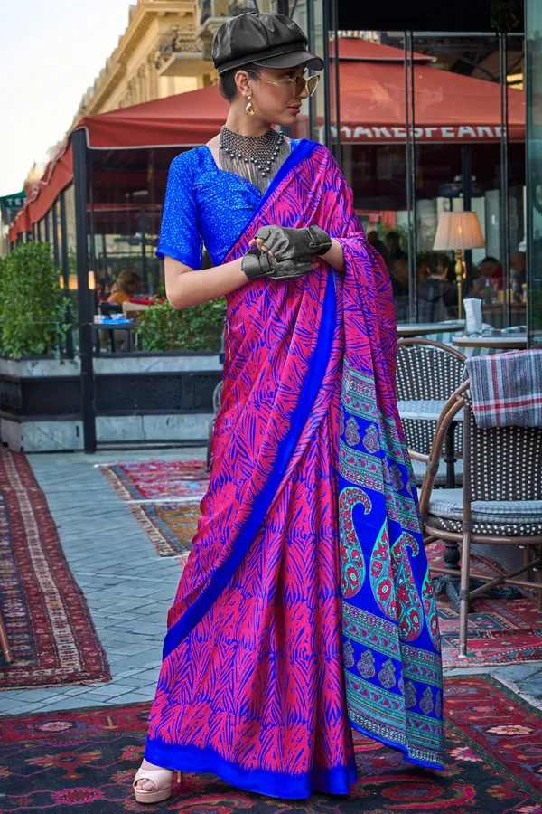 Pink_&_Blue_Premium_Satin_Silk_With_Blouse_Piece_For_Women_&_Girls