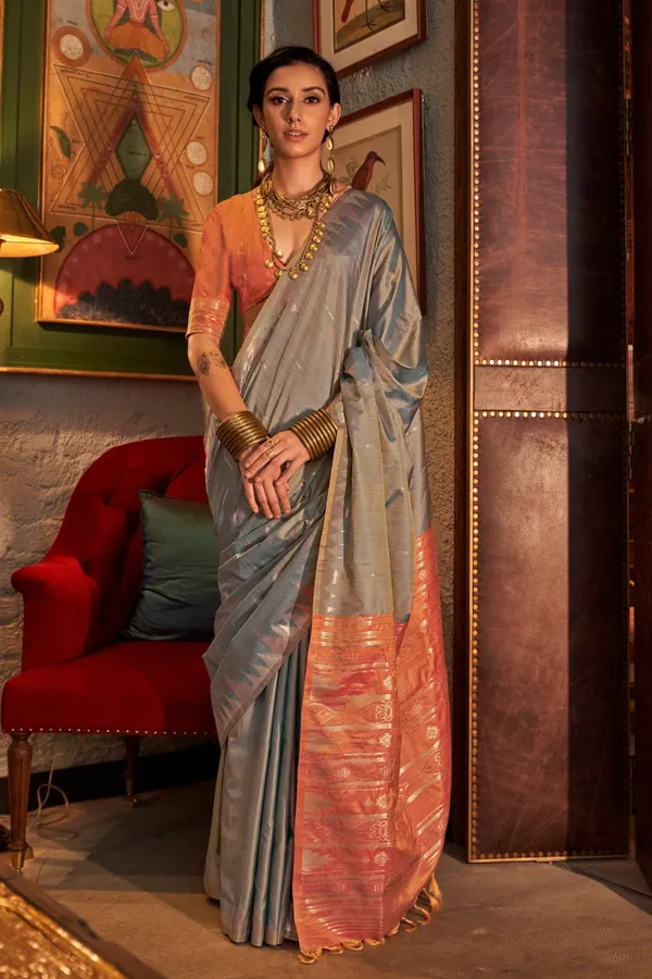 Grey_Premium_Tussar_Silk_With_Blouse_Piece_For_Women_&_Girls