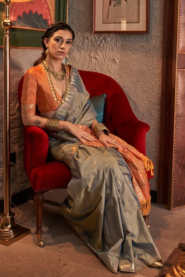 Grey_Premium_Tussar_Silk_With_Blouse_Piece_For_Women_&_Girls