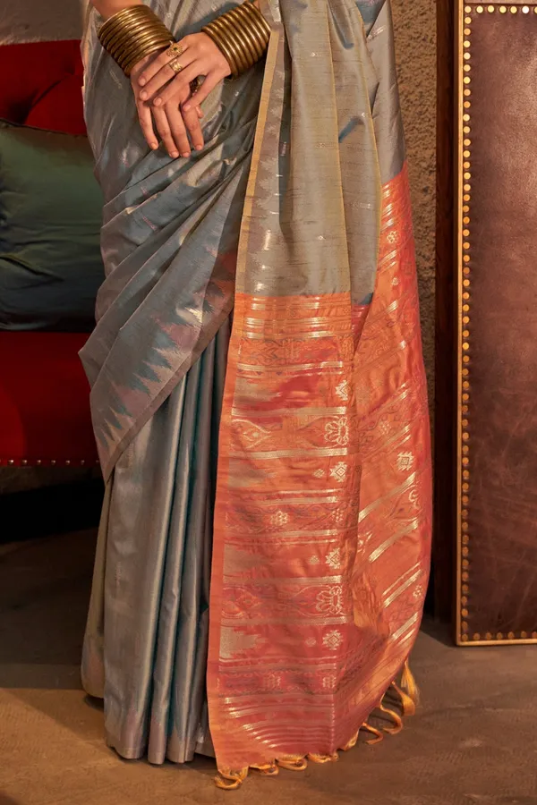 Grey_Premium_Tussar_Silk_With_Blouse_Piece_For_Women_&_Girls