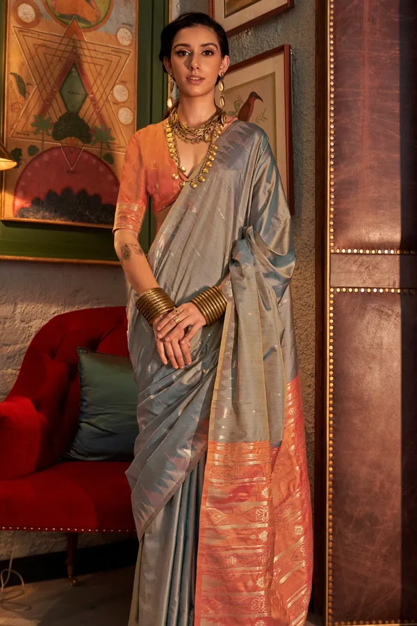 Grey_Premium_Tussar_Silk_With_Blouse_Piece_For_Women_&_Girls