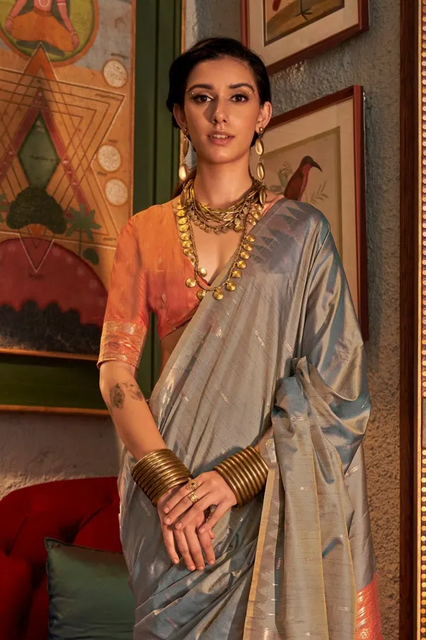 Grey_Premium_Tussar_Silk_With_Blouse_Piece_For_Women_&_Girls