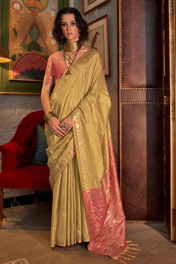 Yellow_Premium_Tussar_Silk_With_Blouse_Piece_For_Women_&_Girls