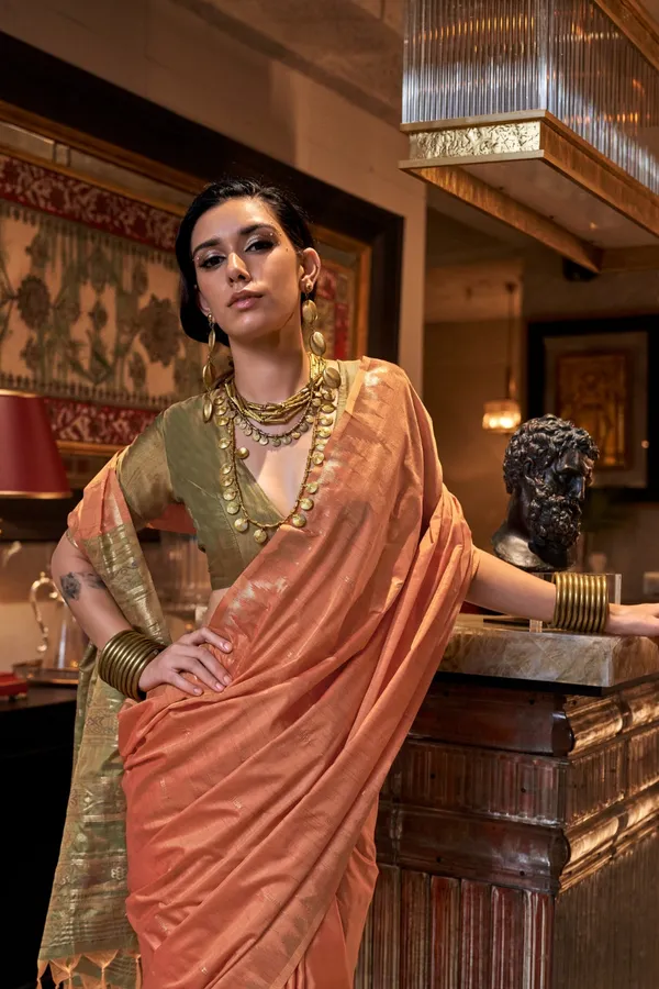 Orange_Premium_Tussar_Silk_With_Blouse_Piece_For_Women_&_Girls