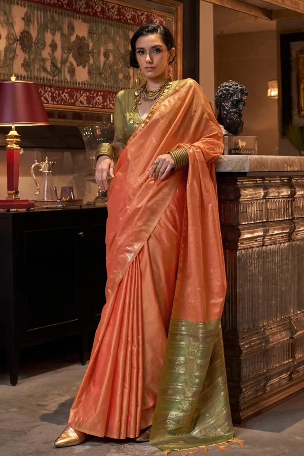 Orange_Premium_Tussar_Silk_With_Blouse_Piece_For_Women_&_Girls