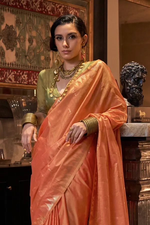 Orange_Premium_Tussar_Silk_With_Blouse_Piece_For_Women_&_Girls
