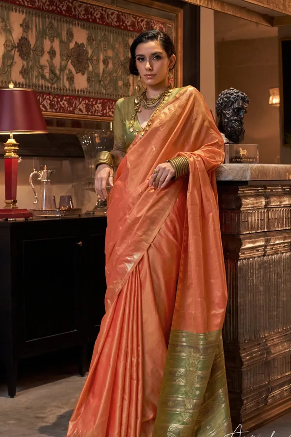 Orange_Premium_Tussar_Silk_With_Blouse_Piece_For_Women_&_Girls