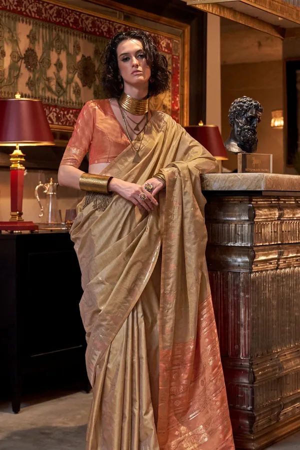 Cream_Premium_Tussar_Silk_With_Blouse_Piece_For_Women_&_Girls