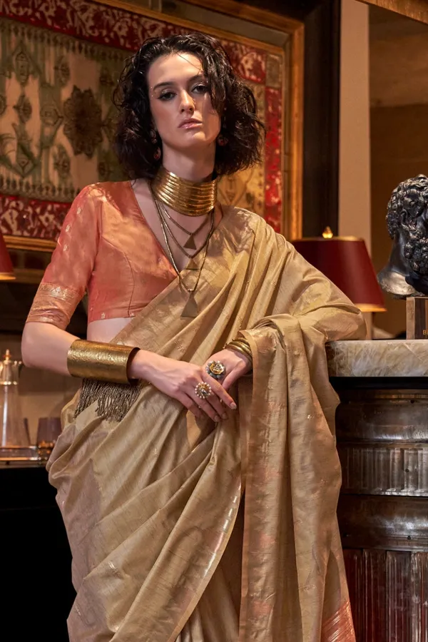 Cream_Premium_Tussar_Silk_With_Blouse_Piece_For_Women_&_Girls