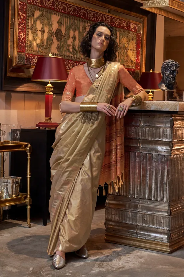 Cream_Premium_Tussar_Silk_With_Blouse_Piece_For_Women_&_Girls