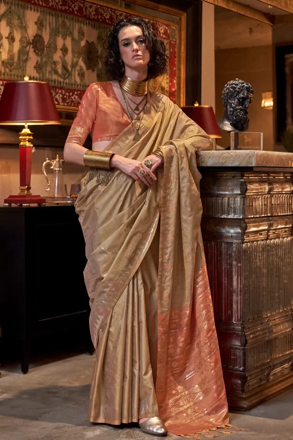 Cream_Premium_Tussar_Silk_With_Blouse_Piece_For_Women_&_Girls