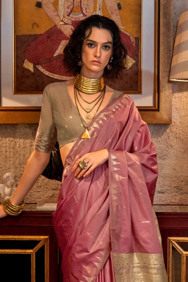 Pink_Premium_Tussar_Silk_With_Blouse_Piece_For_Women_&_Girls