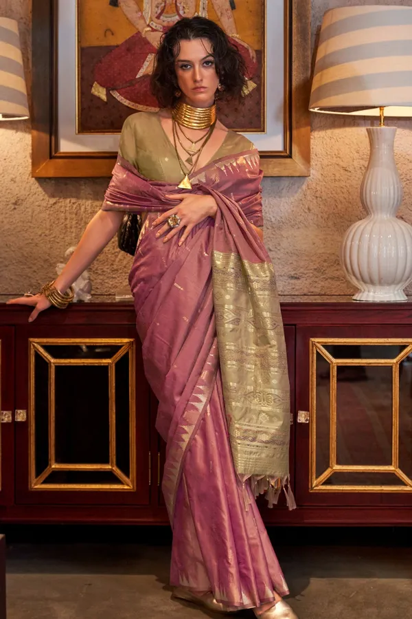 Pink_Premium_Tussar_Silk_With_Blouse_Piece_For_Women_&_Girls