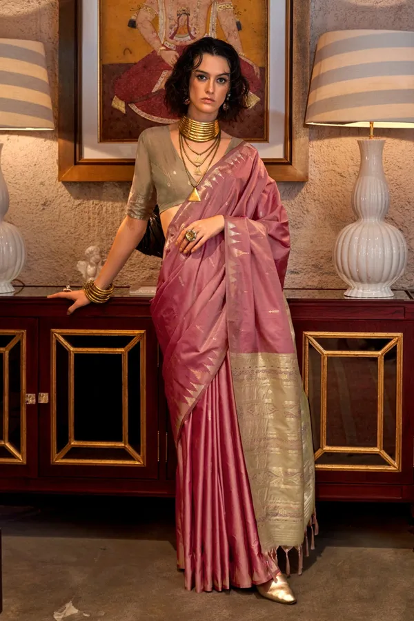 Pink_Premium_Tussar_Silk_With_Blouse_Piece_For_Women_&_Girls