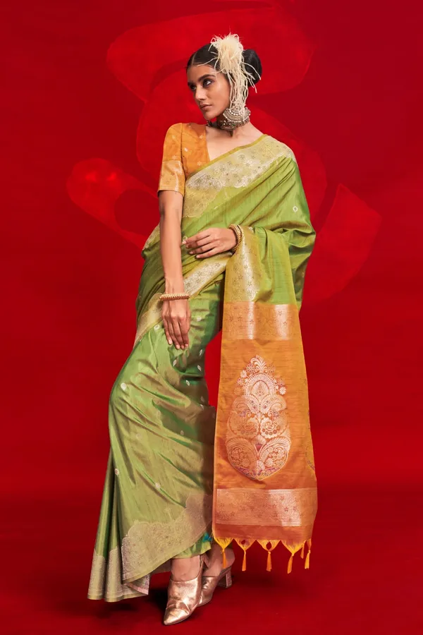 Green_Premium_Tussar_Banarasi_Silk_With_Blouse_Piece_For_Women_&_Girls