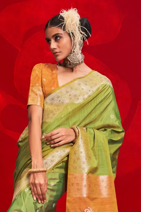 Green_Premium_Tussar_Banarasi_Silk_With_Blouse_Piece_For_Women_&_Girls