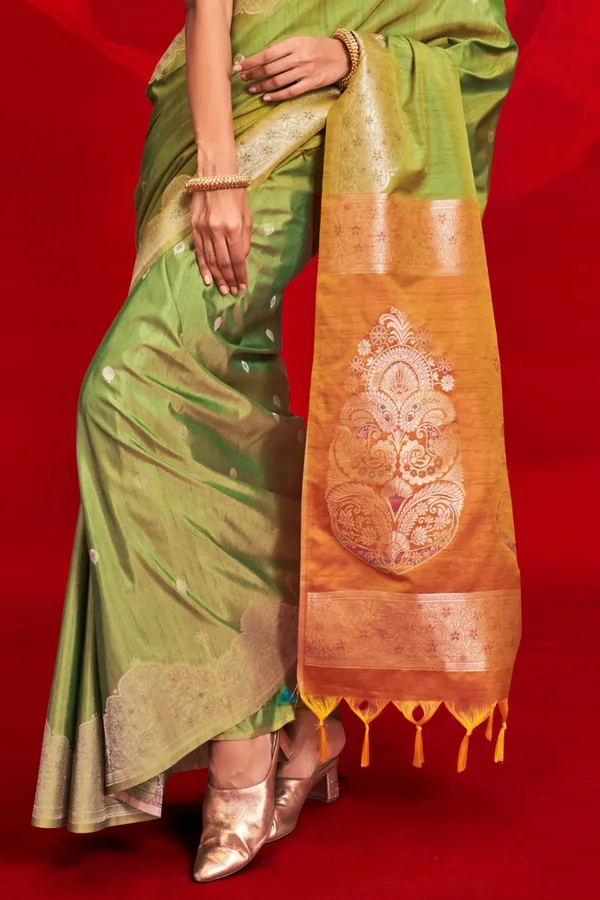 Green_Premium_Tussar_Banarasi_Silk_With_Blouse_Piece_For_Women_&_Girls