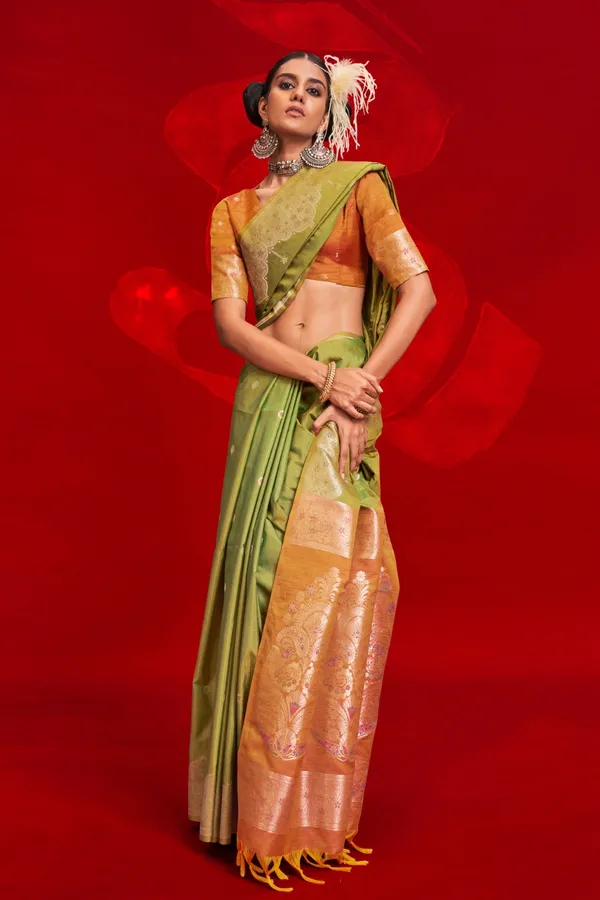 Green_Premium_Tussar_Banarasi_Silk_With_Blouse_Piece_For_Women_&_Girls