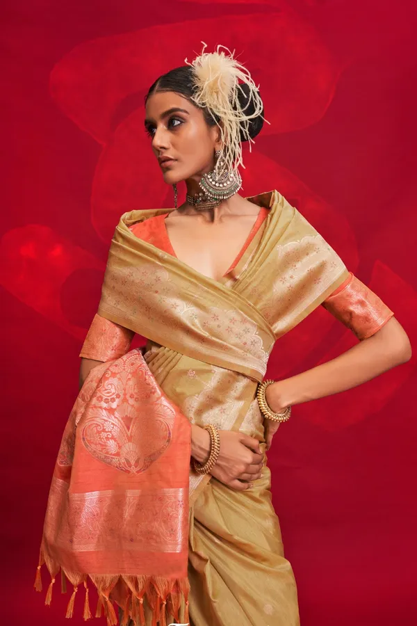 Cream_Premium_Tussar_Banarasi_Silk_With_Blouse_Piece_For_Women_&_Girls