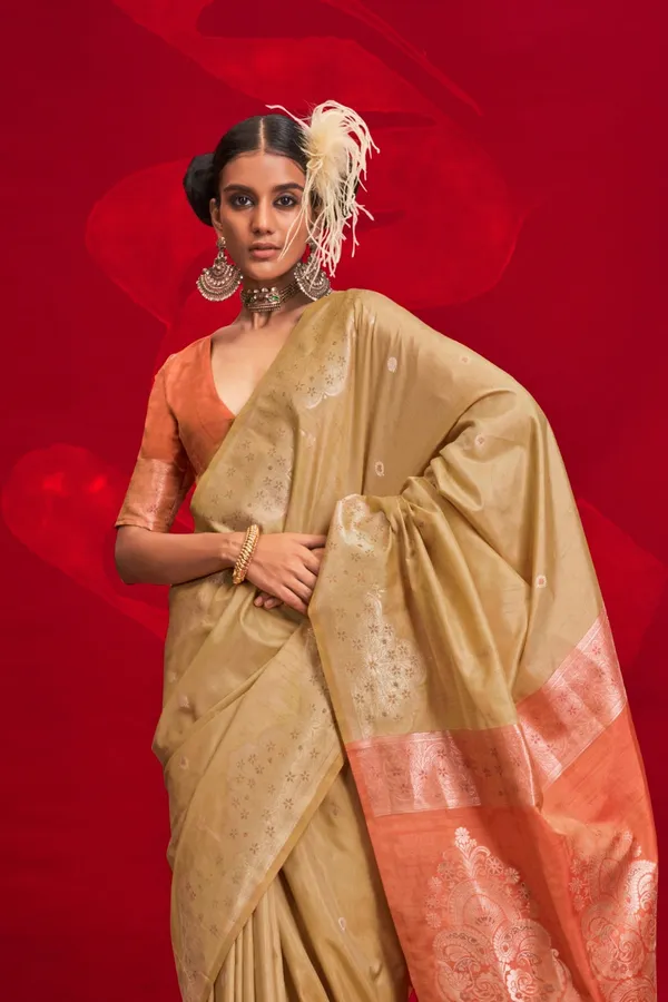 Cream_Premium_Tussar_Banarasi_Silk_With_Blouse_Piece_For_Women_&_Girls