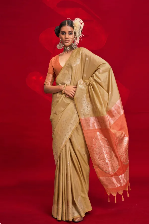 Cream_Premium_Tussar_Banarasi_Silk_With_Blouse_Piece_For_Women_&_Girls