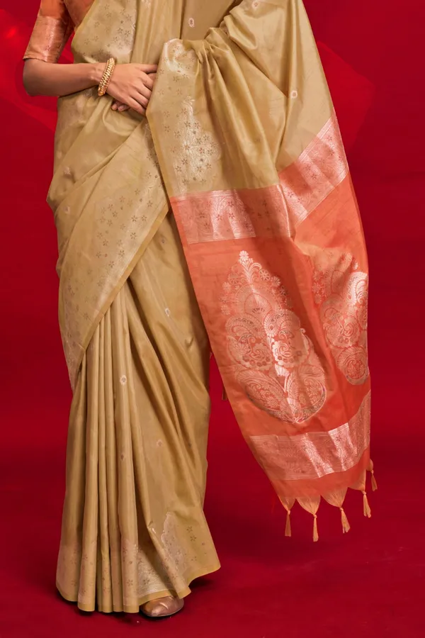 Cream_Premium_Tussar_Banarasi_Silk_With_Blouse_Piece_For_Women_&_Girls