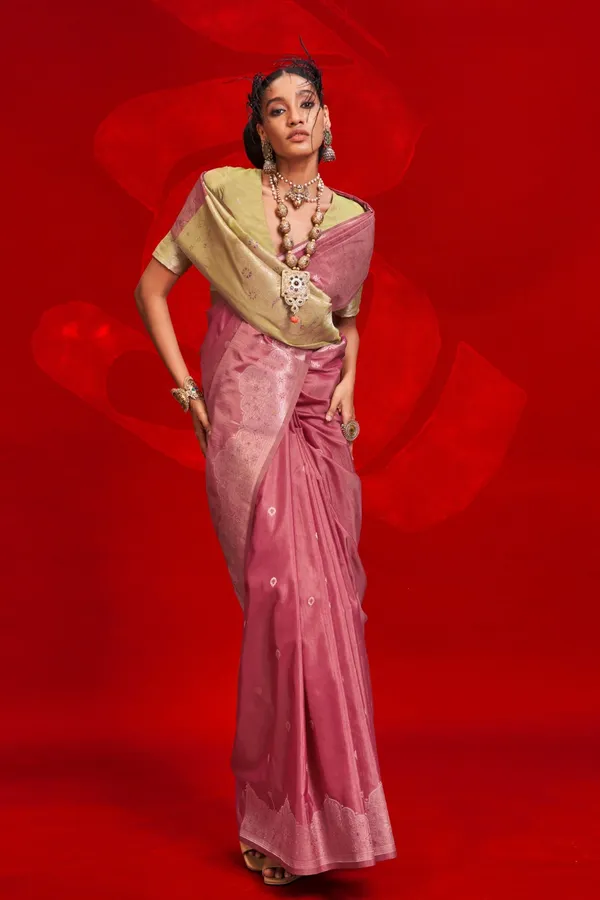 Pink_Premium_Tussar_Banarasi_Silk_With_Blouse_Piece_For_Women_&_Girls