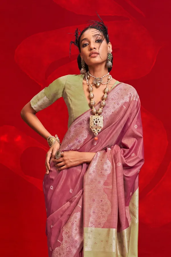 Pink_Premium_Tussar_Banarasi_Silk_With_Blouse_Piece_For_Women_&_Girls