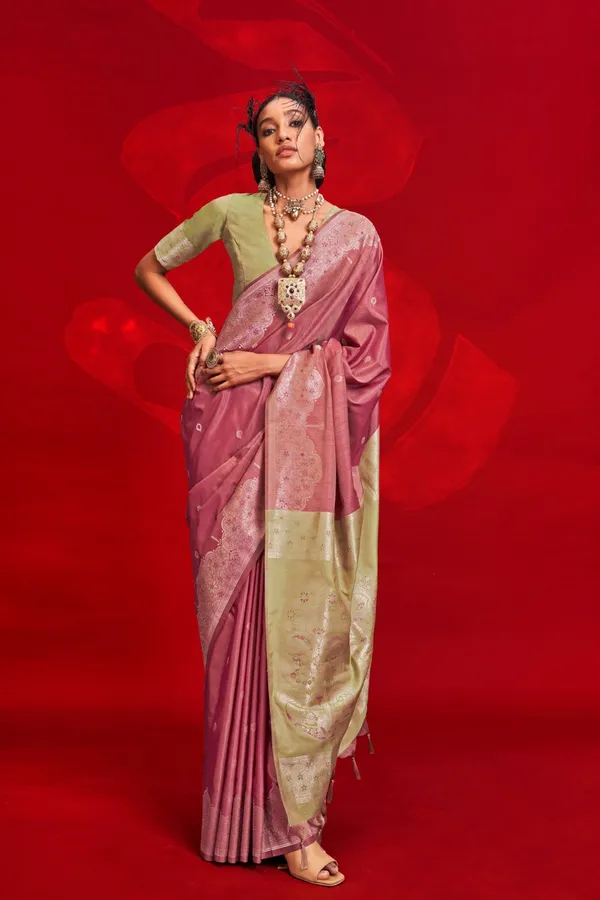 Pink_Premium_Tussar_Banarasi_Silk_With_Blouse_Piece_For_Women_&_Girls