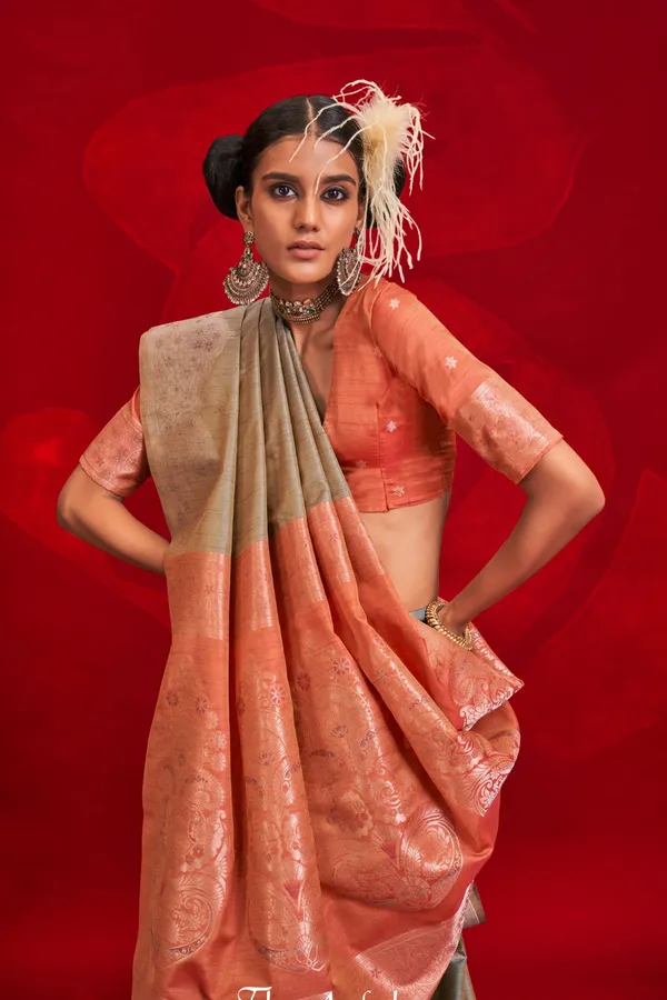 Green_Premium_Tussar_Banarasi_Silk_With_Blouse_Piece_For_Women_&_Girls