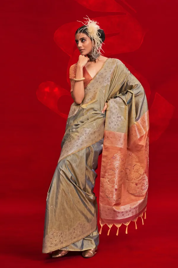 Green_Premium_Tussar_Banarasi_Silk_With_Blouse_Piece_For_Women_&_Girls