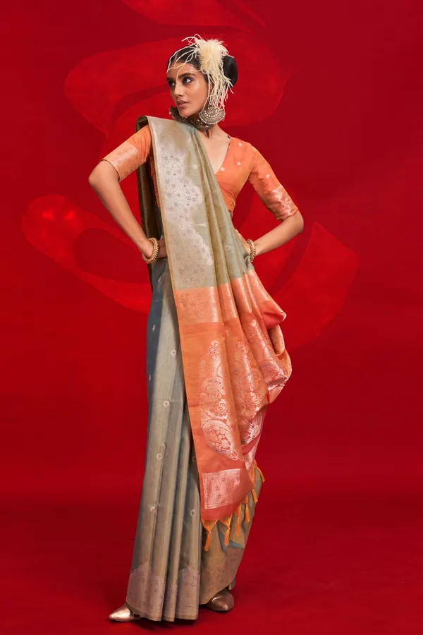 Green_Premium_Tussar_Banarasi_Silk_With_Blouse_Piece_For_Women_&_Girls
