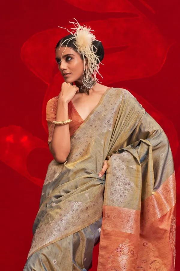 Green_Premium_Tussar_Banarasi_Silk_With_Blouse_Piece_For_Women_&_Girls