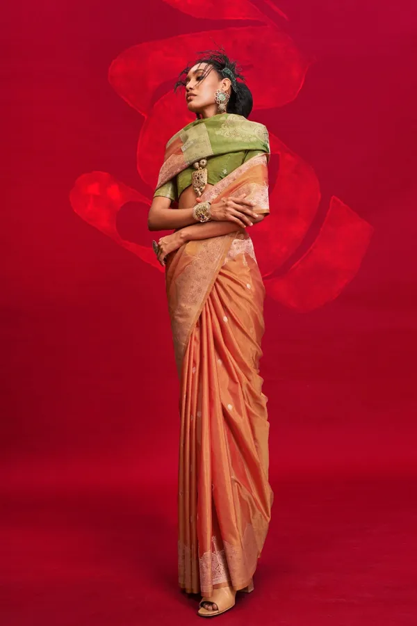 Orange_Premium_Tussar_Banarasi_Silk_With_Blouse_Piece_For_Women_&_Girls