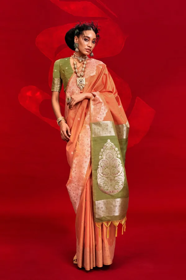 Orange_Premium_Tussar_Banarasi_Silk_With_Blouse_Piece_For_Women_&_Girls