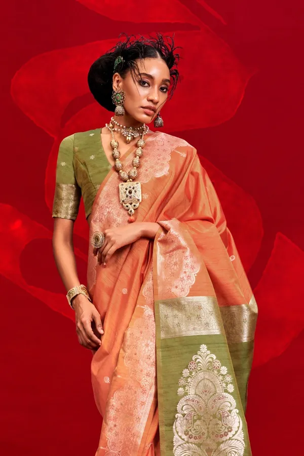 Orange_Premium_Tussar_Banarasi_Silk_With_Blouse_Piece_For_Women_&_Girls
