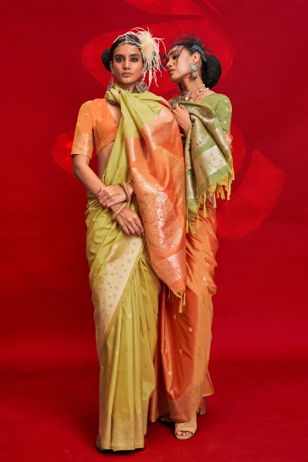 Yellow_Premium_Tussar_Banarasi_Silk_With_Blouse_Piece_For_Women_&_Girls