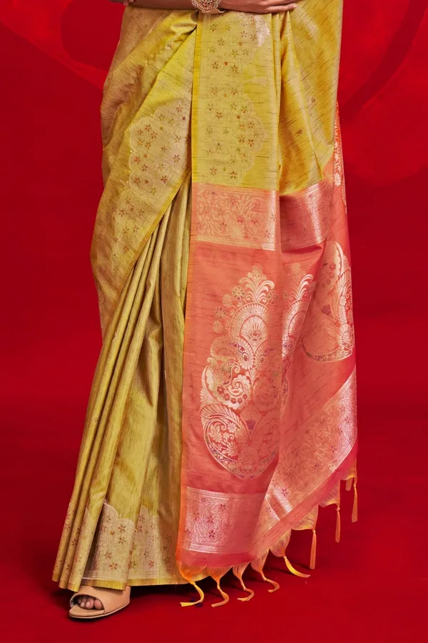 Yellow_Premium_Tussar_Banarasi_Silk_With_Blouse_Piece_For_Women_&_Girls