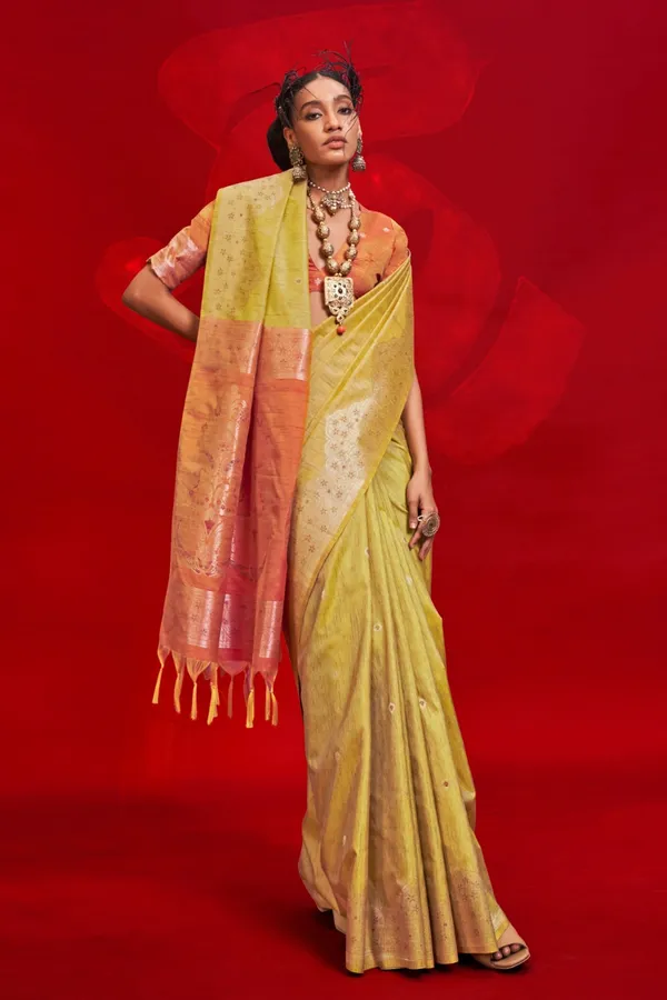 Yellow_Premium_Tussar_Banarasi_Silk_With_Blouse_Piece_For_Women_&_Girls