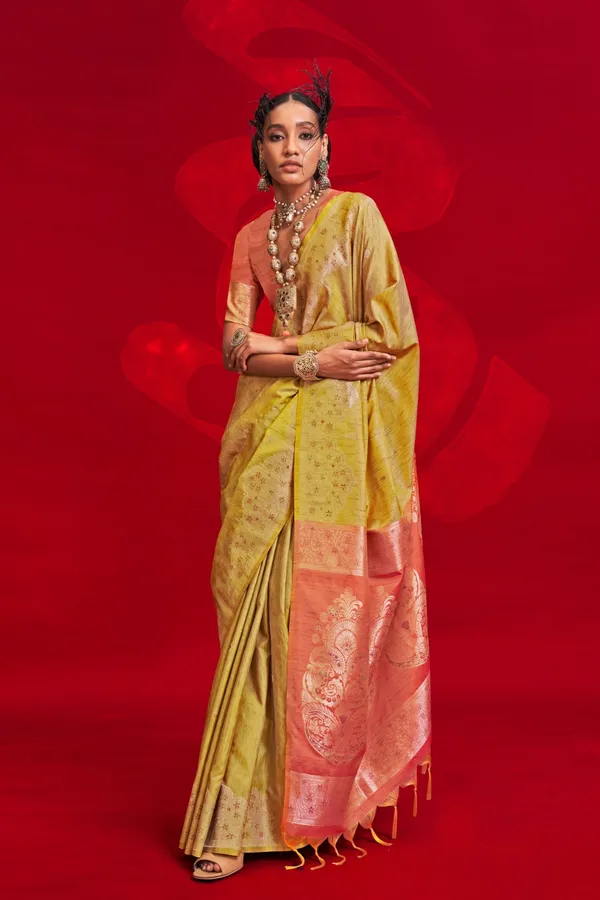 Yellow_Premium_Tussar_Banarasi_Silk_With_Blouse_Piece_For_Women_&_Girls